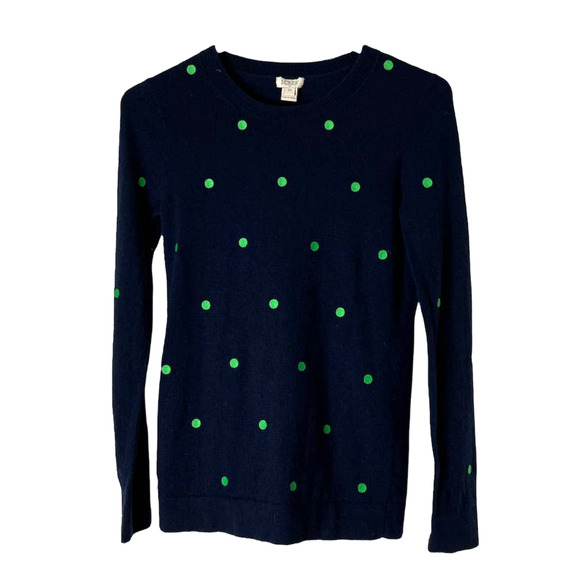J. Crew Blue Wool Blend Sweater with Green Embroidered Polka Dots Size XXS - Picture 1 of 5